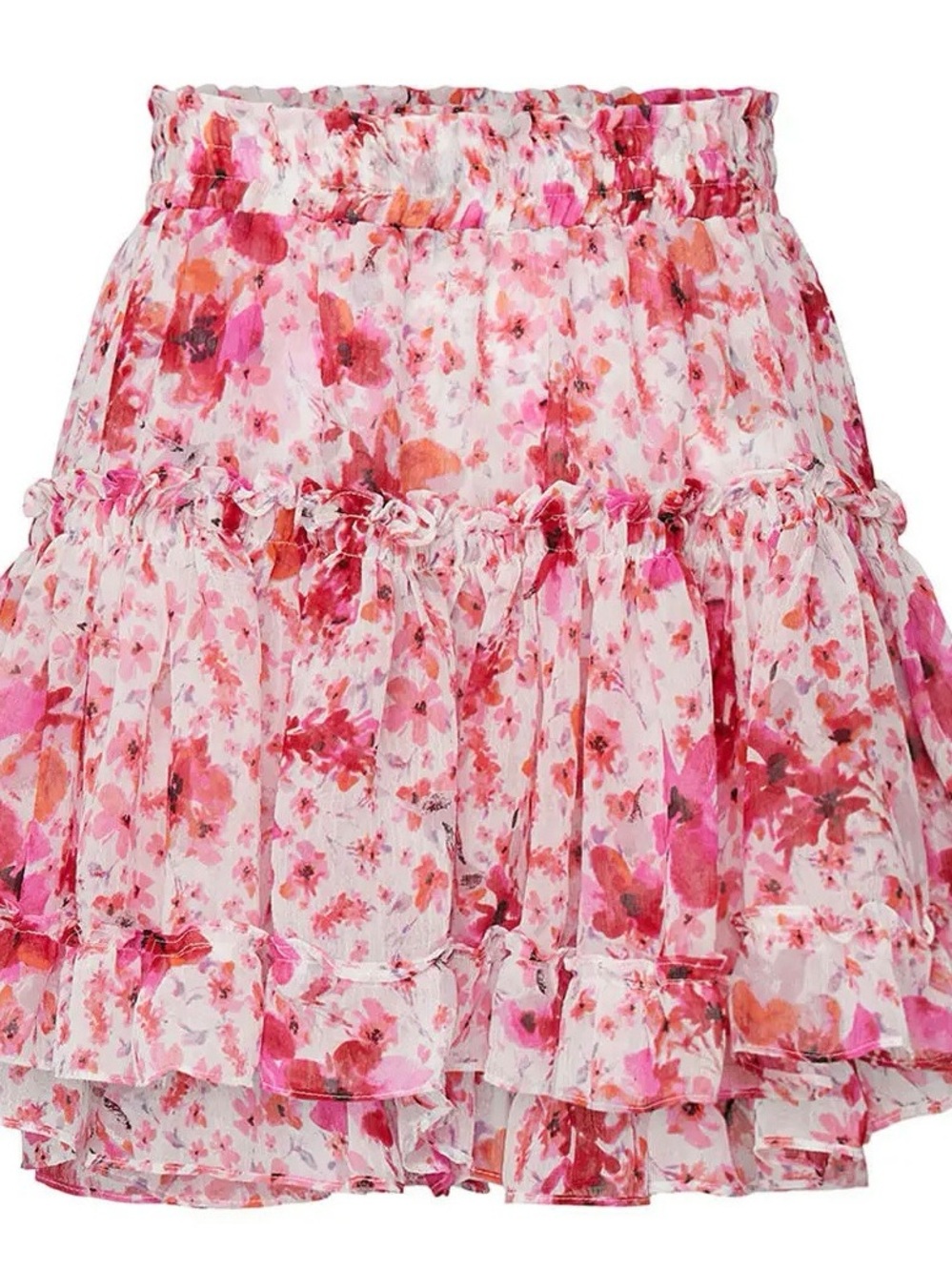 MISA Los Angeles Marion Floral Tiered Ruffle Mini Skirt S Gardenia Pink Smocked